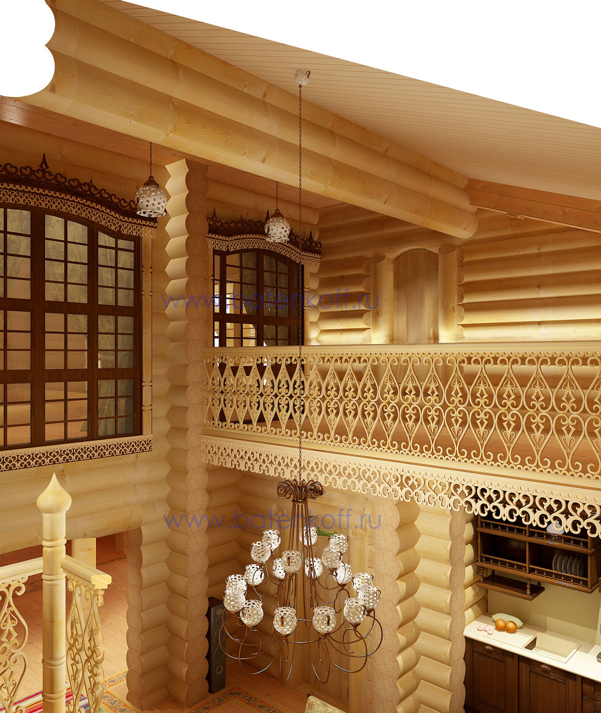 3D интерьера, Зал Проект Зал - Дизайн интерьера бани в русском народном стиле, пос.Палникс, Автор проекта: Дизайнеры Дмитрий Батеньков