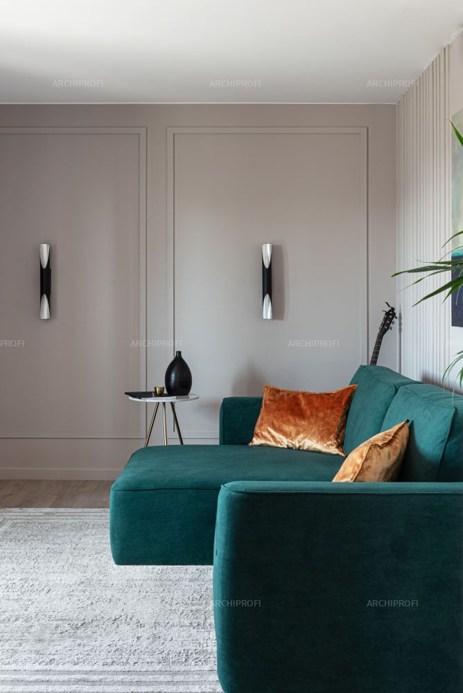 Фото интерьера, Гостиная Проект зеленый диван - Квартира с цветным кубом, Автор проекта: Дизайнеры Евгения Акимова