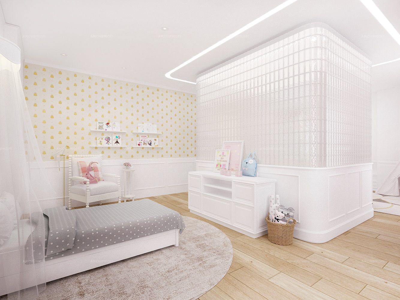 3D интерьера, Детская спальня площадью 500 кв.м. в стиле Неоклассицизм. Проект Коттедж - Коттедж в стиле неоклассика, Автор проекта: Архитекторы Лариса Талис