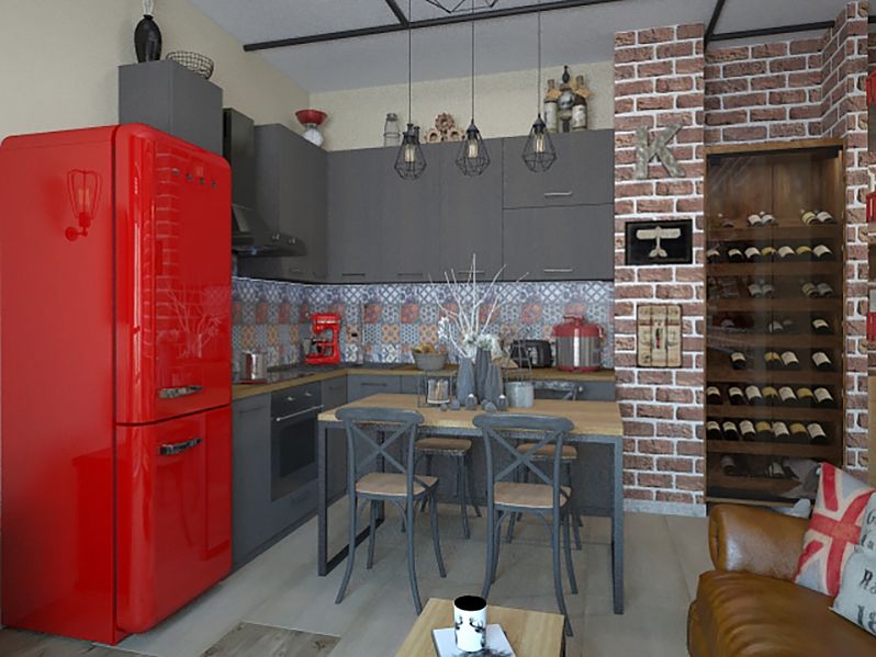 3D интерьера, Кухня в стиле Лофт/промышленный стиль. Проект 28.12.2022/980623 - Апартаменты в ЖК «Флотилия», Автор проекта: Дизайнеры Мария Суздальцева