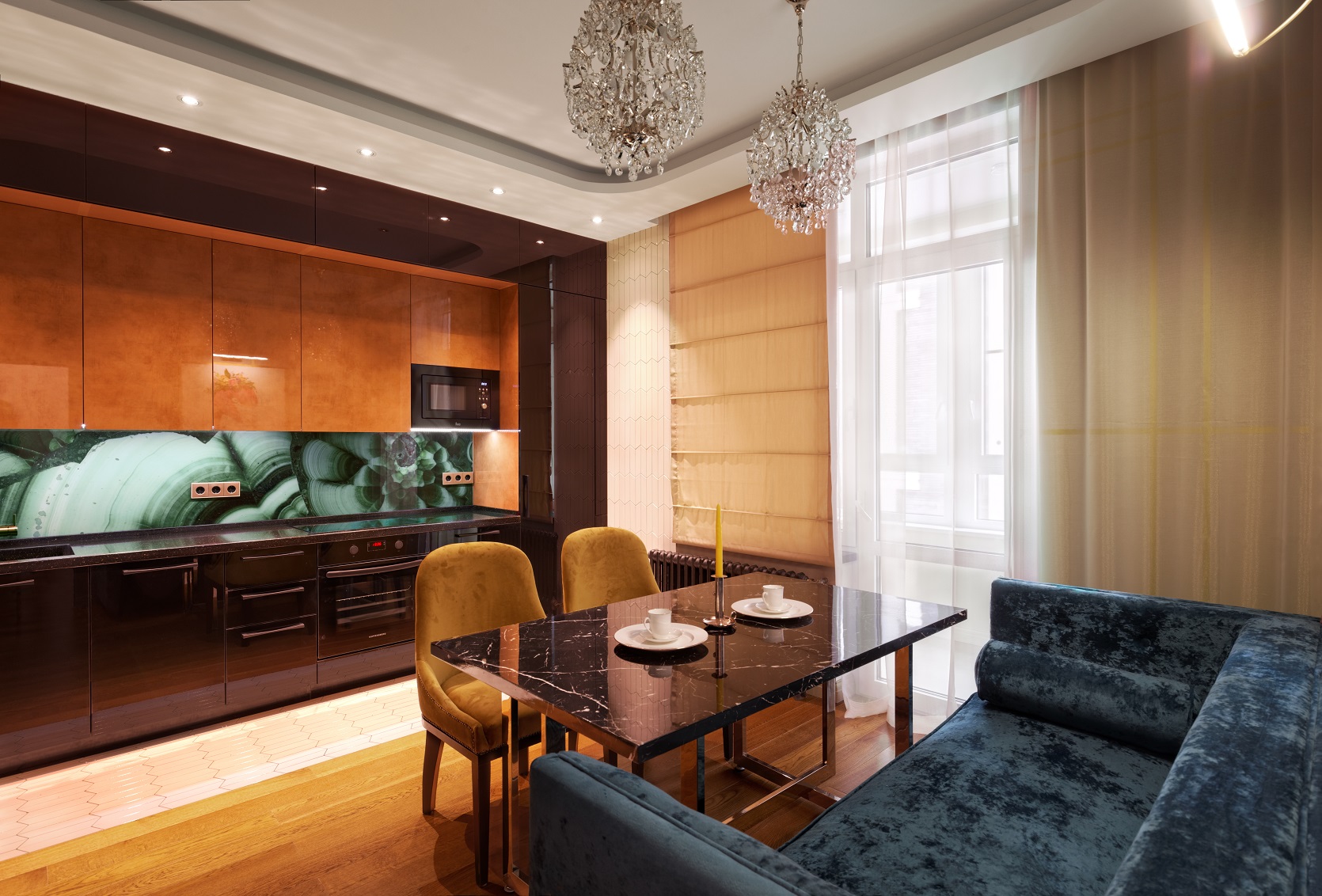 Фото интерьера, Кухня-гостиная площадью 16 кв.м. Проект Квартира на Краснобогатырской - КВАРТИРА НА КРАСНОБОГАТЫРСКОЙ, Автор проекта: Архитекторы Лариса Талис