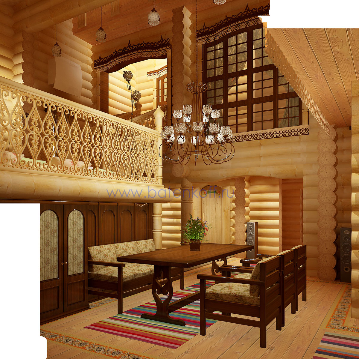 3D интерьера, Зал Проект Зал - Дизайн интерьера бани в русском народном стиле, пос.Палникс, Автор проекта: Дизайнеры Дмитрий Батеньков