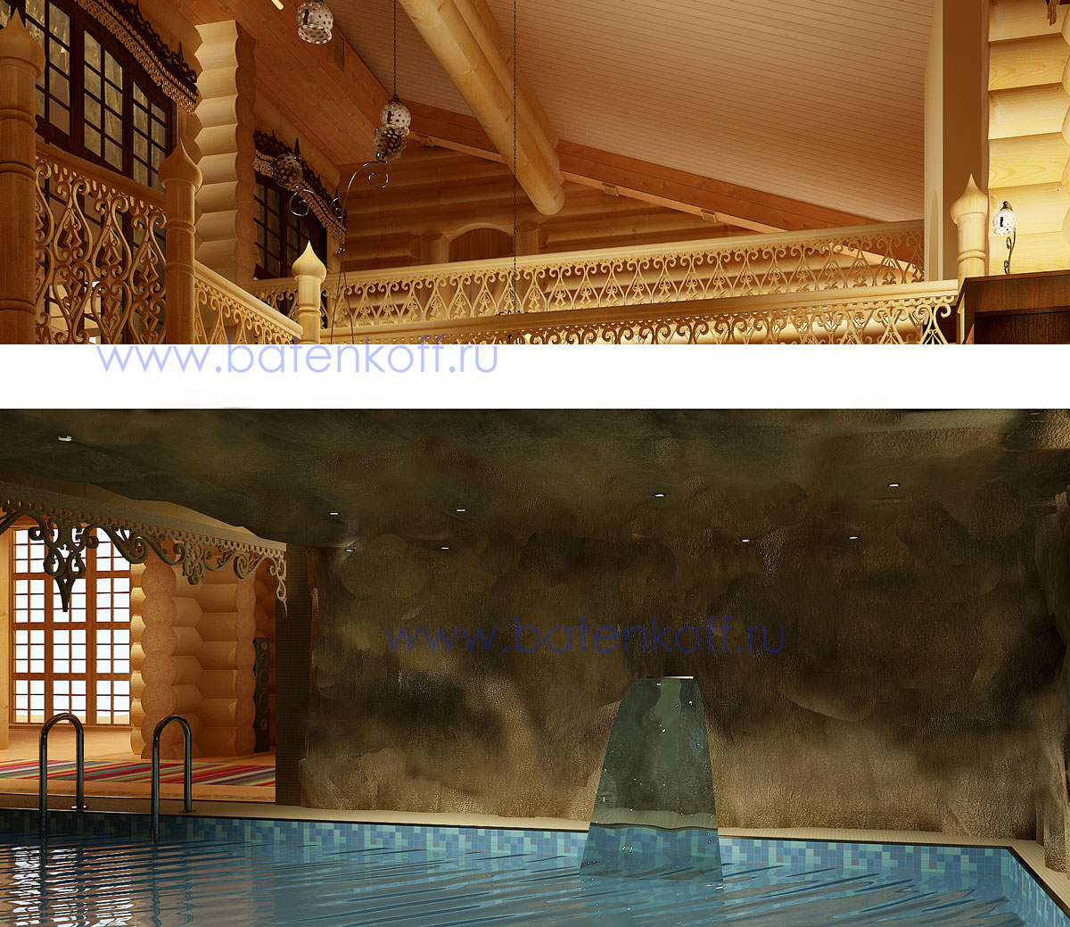 3D интерьера, Зал Проект Зал - Дизайн интерьера бани в русском народном стиле, пос.Палникс, Автор проекта: Дизайнеры Дмитрий Батеньков