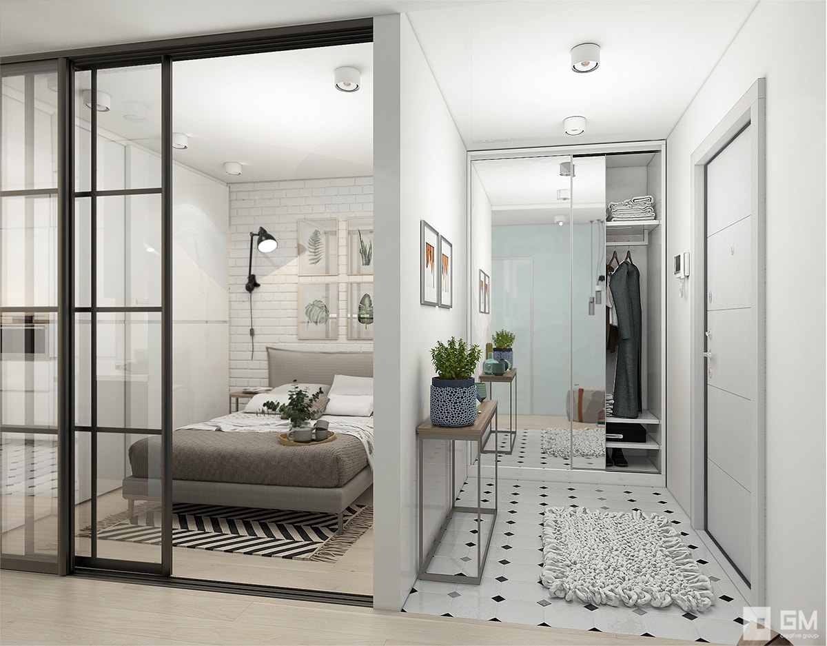 3D интерьера, Холл площадью 43 кв.м. в стиле Скандинавский. Проект Дизайн компактной и вместительной однокомнатной квартиры в скандинавском стиле - Дизайн однокомнатной квартиры 43 кв. м — всё в одном с открытым характером, Автор проекта: Дизайнеры Gminterior Дизайнстудия