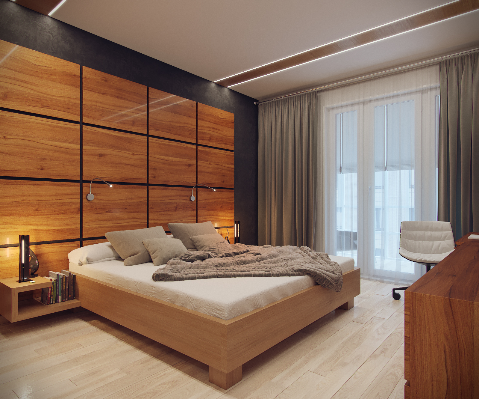 3D интерьера, Спальня площадью 18 кв.м. в стиле Контемпорари (нейтральная стилистика). Проект Спальня для пока еще холостяка - Квартира пока еще холостяка, Автор проекта: Дизайнеры Анастасия Шперлинг