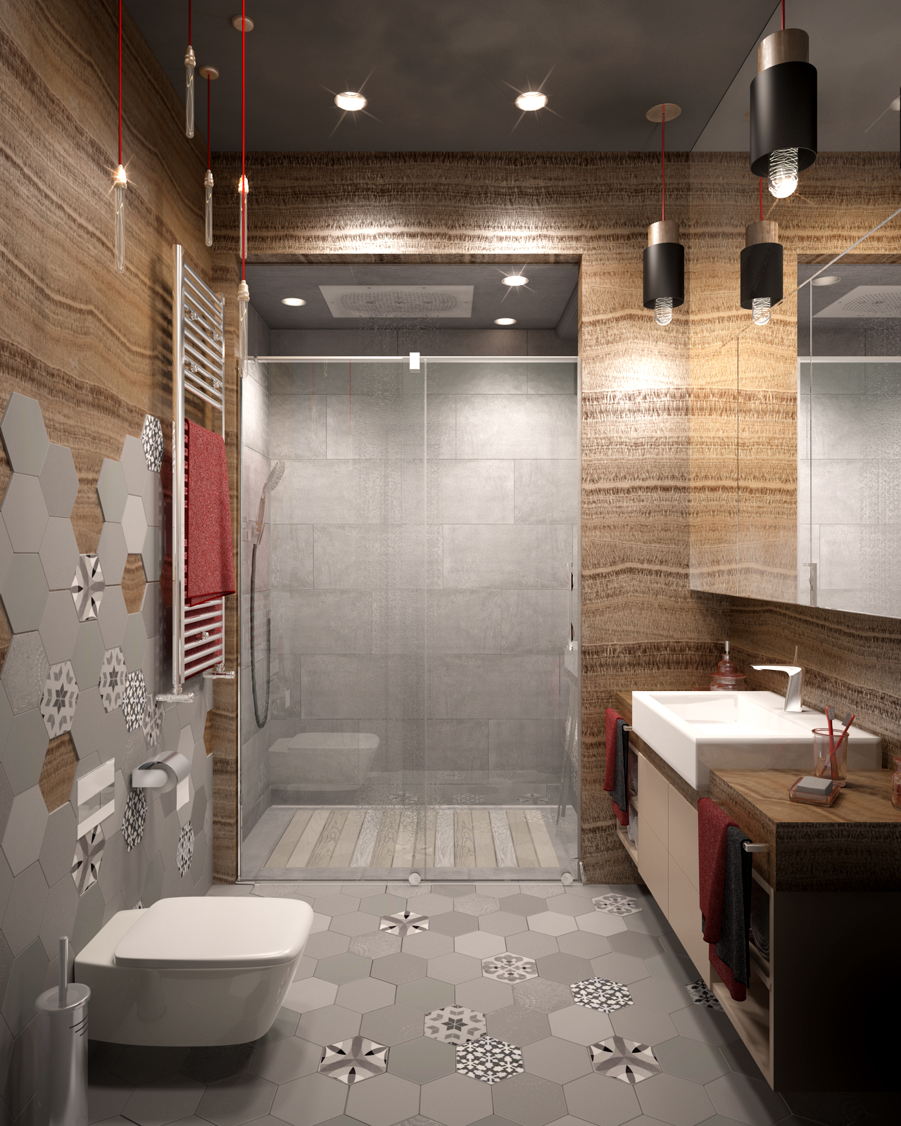 3D интерьера, Ванная комната площадью 5 кв.м. в стиле Шале (Швейцария). Проект Дом в стиле шале. - Дом в стиле шале под Калининградом, Автор проекта: Дизайнеры Анастасия Шперлинг