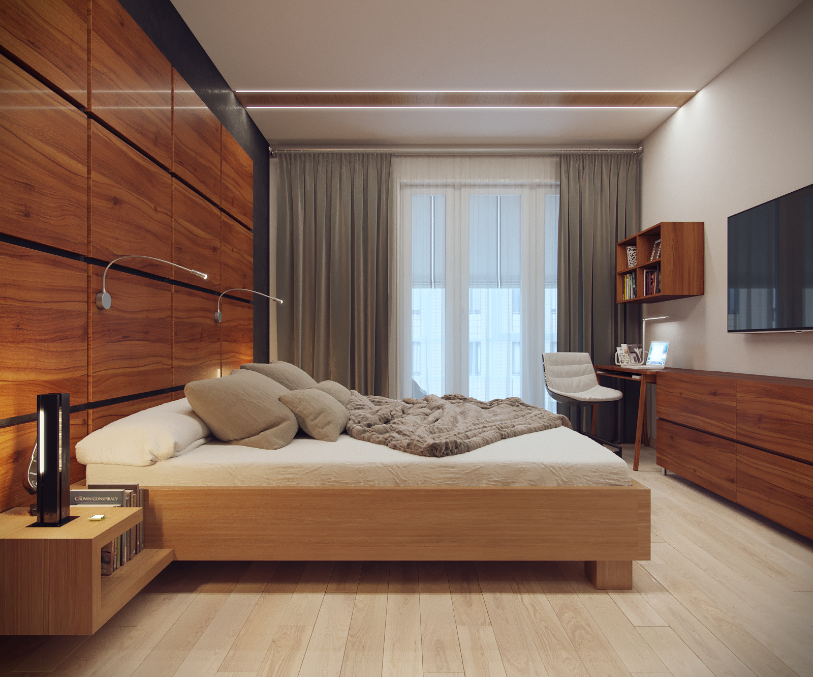 3D интерьера, Спальня площадью 18 кв.м. в стиле Контемпорари (нейтральная стилистика). Проект Спальня для пока еще холостяка - Квартира пока еще холостяка, Автор проекта: Дизайнеры Анастасия Шперлинг