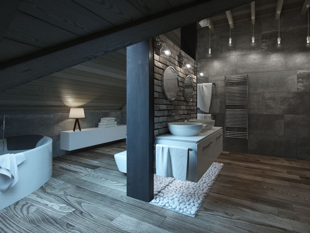 3D интерьера, Ванная комната площадью 18 кв.м. в стиле Шале (Швейцария). Проект Дом в стиле шале. - Дом в стиле шале под Калининградом, Автор проекта: Дизайнеры Анастасия Шперлинг