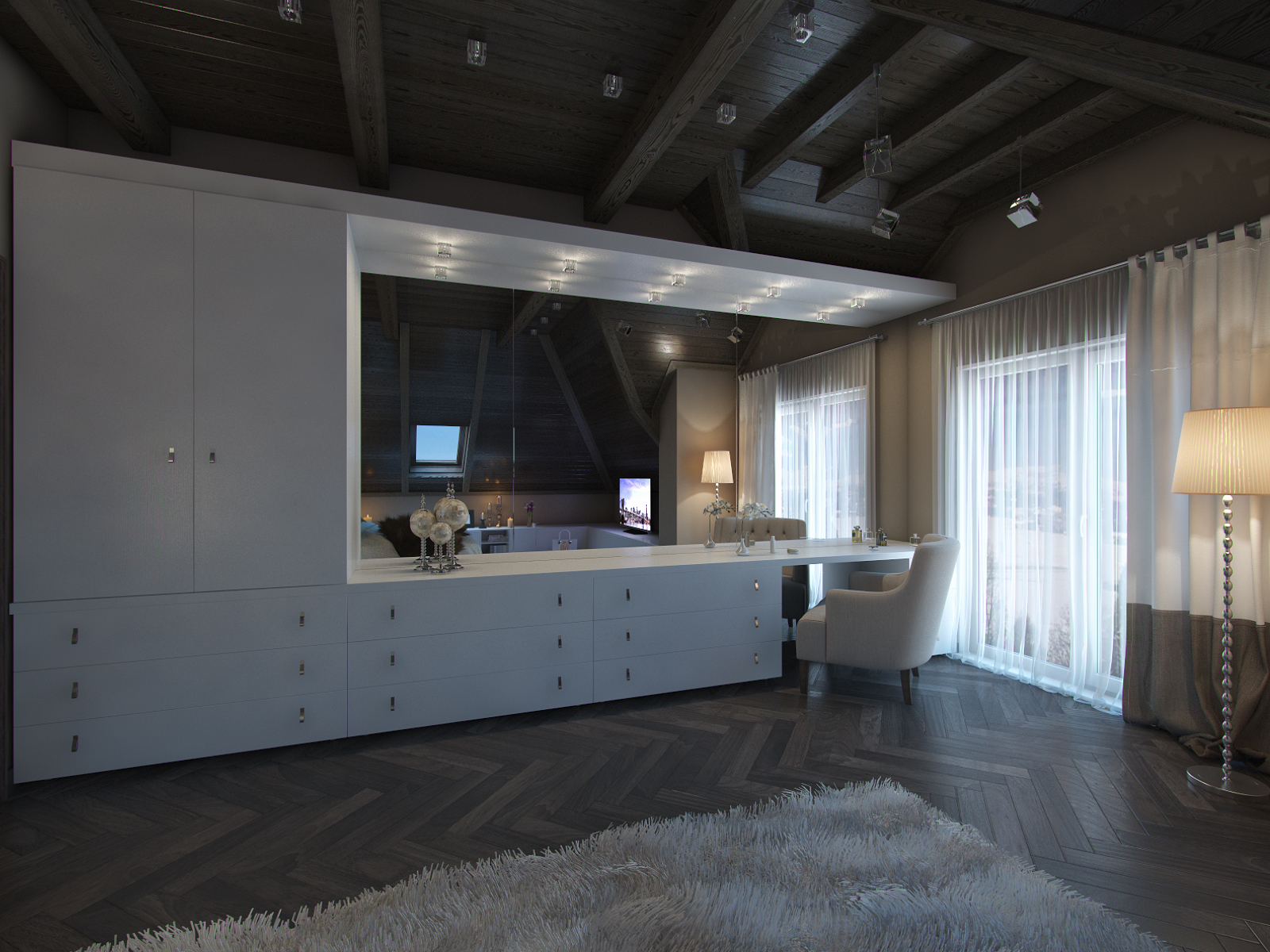 3D интерьера, Спальня площадью 31 кв.м. в стиле Шале (Швейцария). Проект Дом в стиле шале. - Дом в стиле шале под Калининградом, Автор проекта: Дизайнеры Анастасия Шперлинг