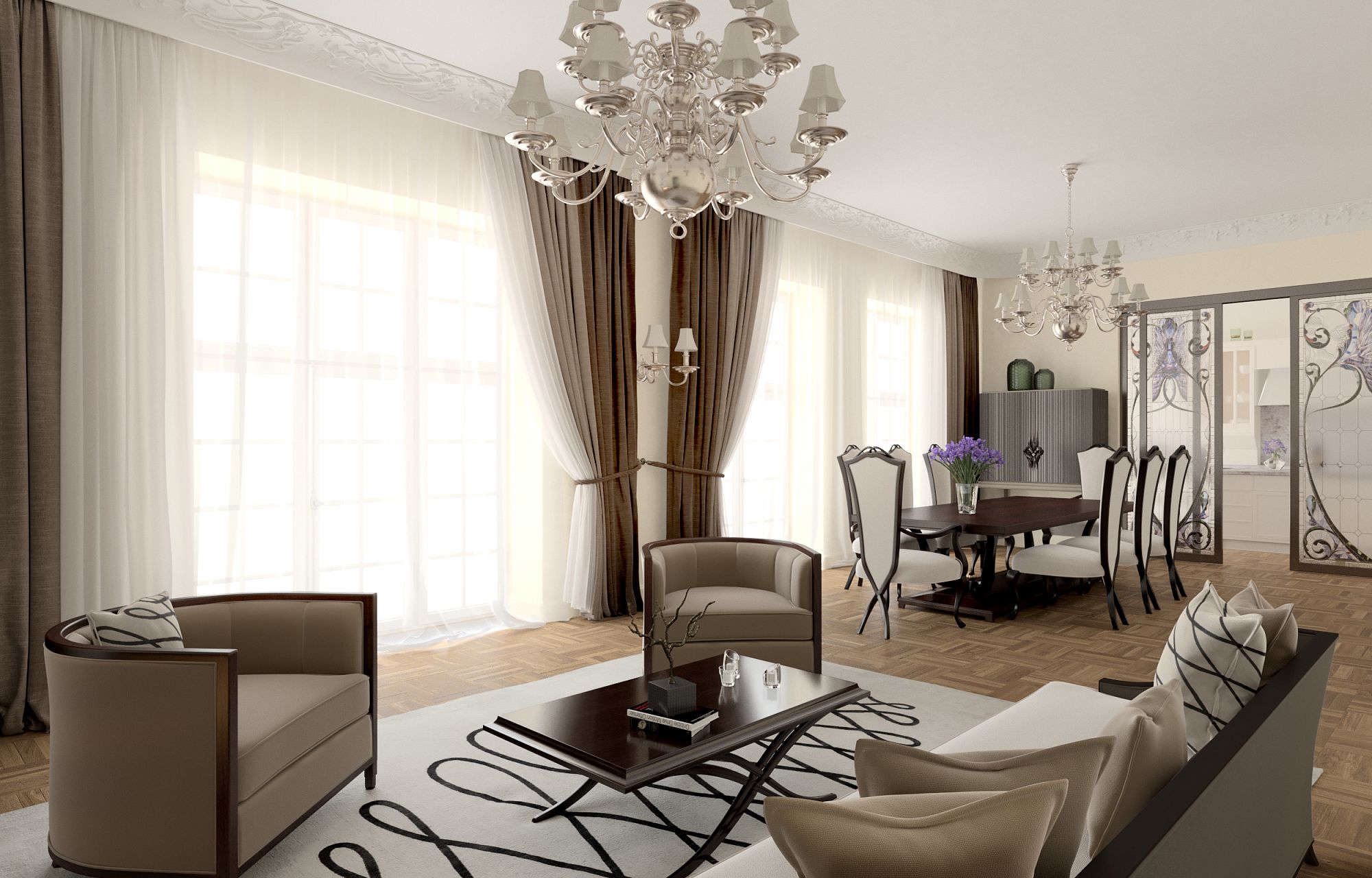 3D интерьера, Гостиная площадью 45 кв.м. в стиле Классическая. Проект Модерн - Интерьер. Модерн, Автор проекта: Дизайнеры Лара Моисеева