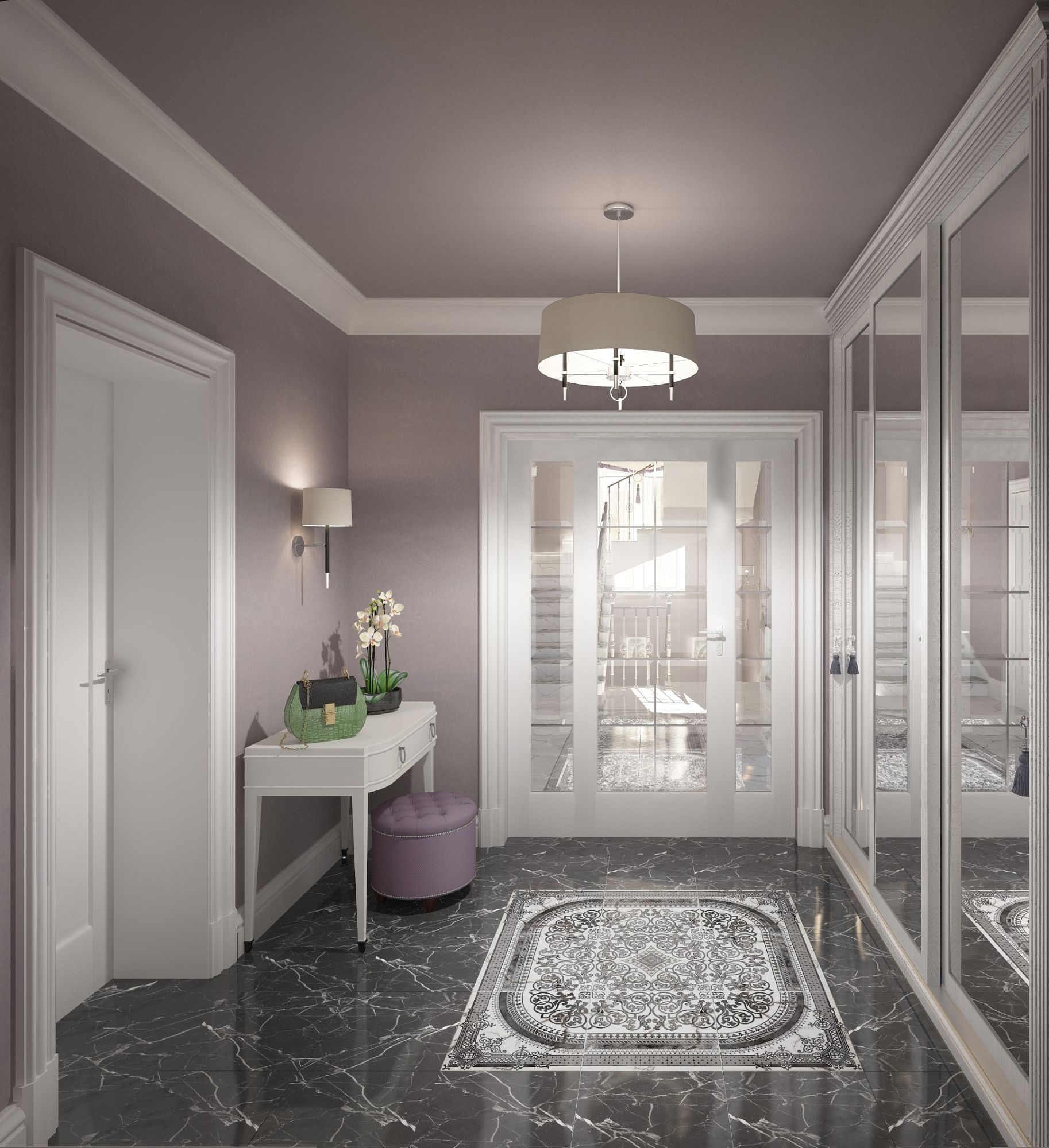 3D интерьера, Прихожая площадью 7 кв.м. в стиле Классическая. Проект Загородный дом - Во власти сиреневого цвета, Автор проекта: Дизайнеры Наталья Никифорова