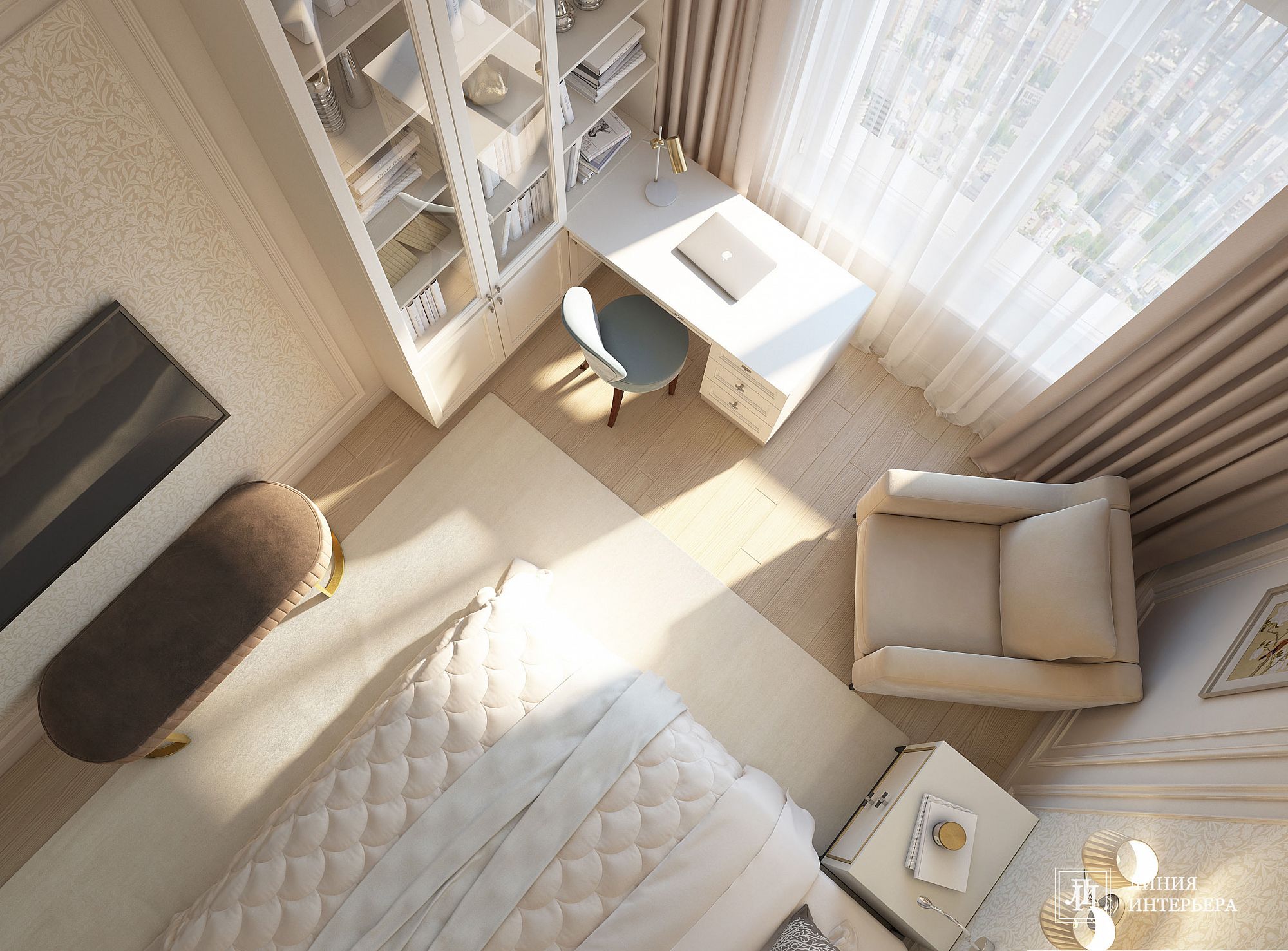 3D интерьера, Спальня Проект Письменный стол в спальне - Интерьер квартиры в современной классике, Автор проекта: Дизайнеры Олеся Бирюкова