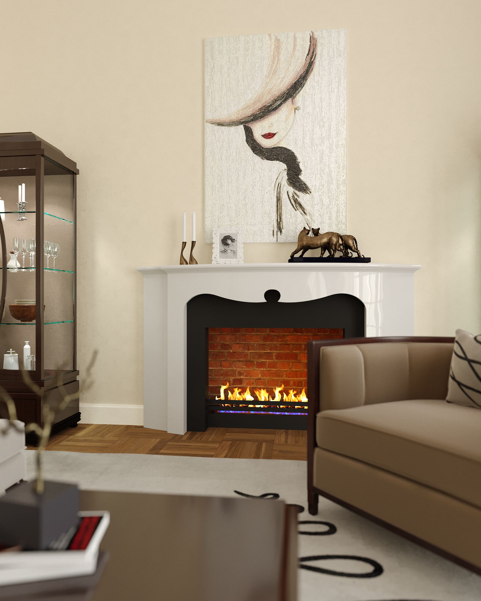 3D интерьера, Гостиная площадью 45 кв.м. в стиле Классическая. Проект Камин и мозаичное панно - Интерьер. Модерн, Автор проекта: Дизайнеры Лара Моисеева