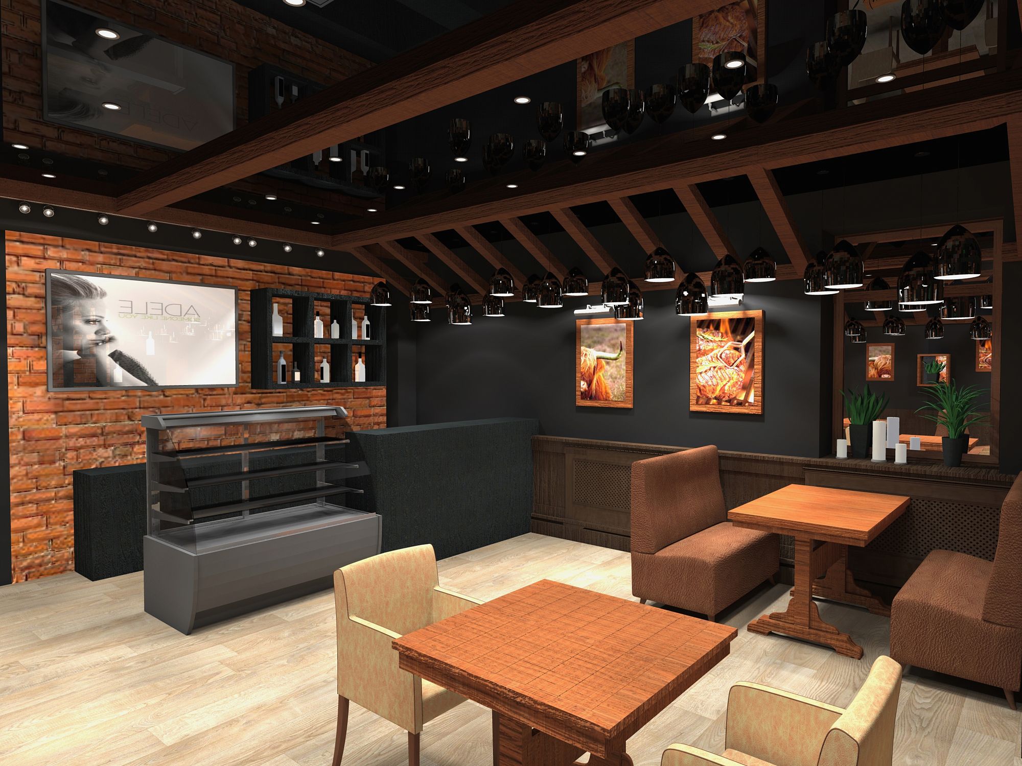 3D интерьера, Зал площадью 74 кв.м. Проект шашлычная Саксаул в г. Южно-Сахалинске - проект шашлычной Саксаул по ул. Сахалинской в г. Южно-Сахалинске, Автор проекта: Дизайнеры Виктория Кушова