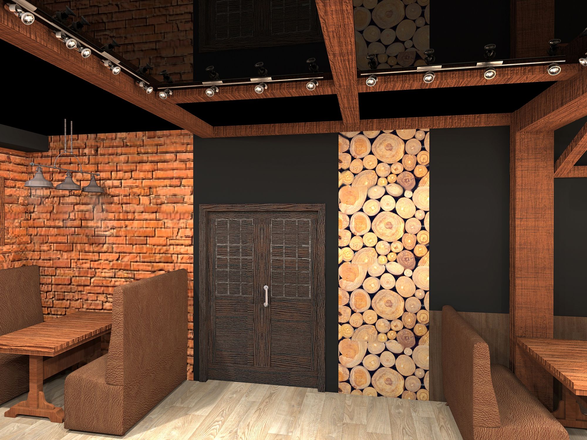 3D интерьера, зал площадью 74 кв.м. Проект шашлычная Саксаул в г. Южно-Сахалинске - проект шашлычной Саксаул по ул. Сахалинской в г. Южно-Сахалинске, Автор проекта: Дизайнеры Виктория Кушова