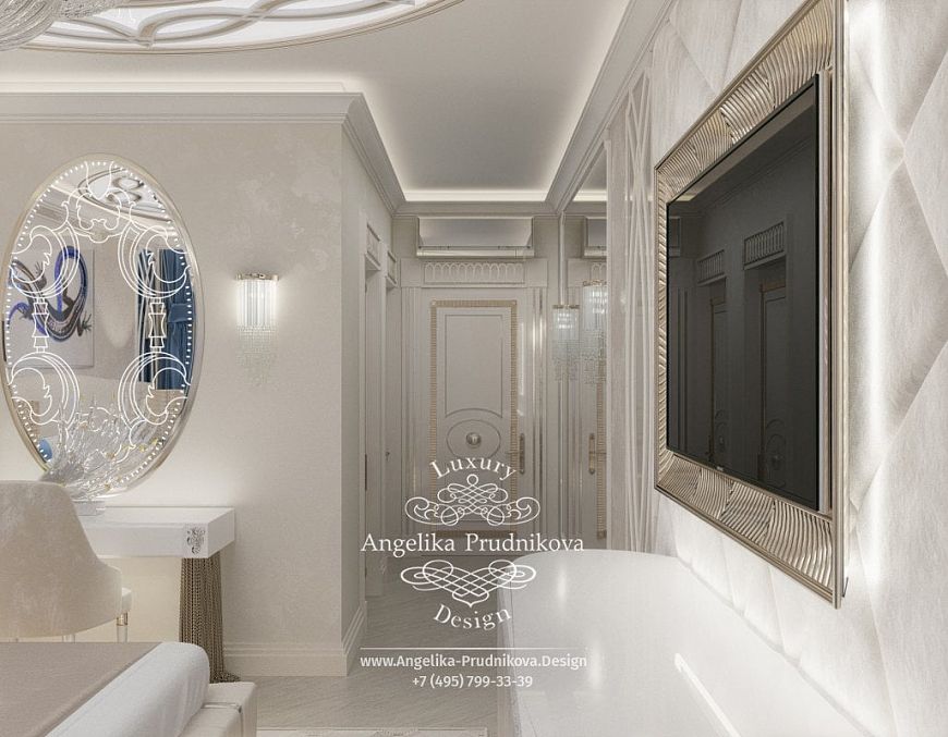 Дизайнпроект интерьера спальни в стиле ардеко в голубых оттенках в ЖК Дубровка
