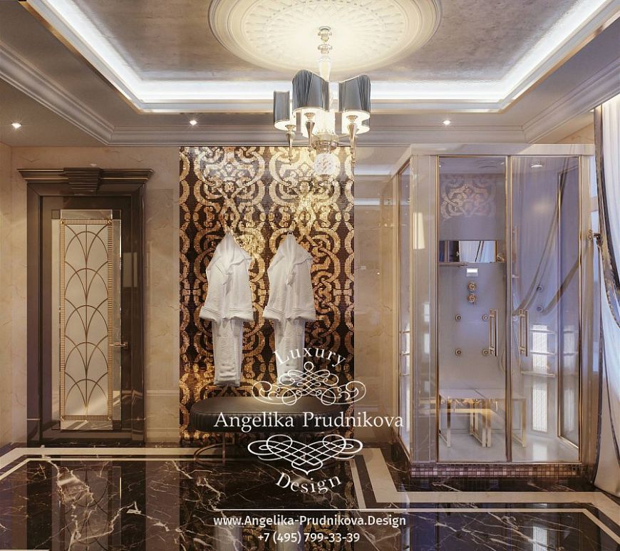 Дизайнпроект интерьера ванной комнаты на Большой Пироговской в стиле ардеко