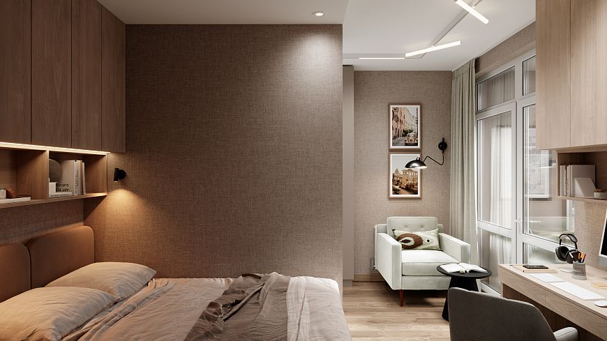 Компактная спальня в нейтральных бежевокоричневых тонах