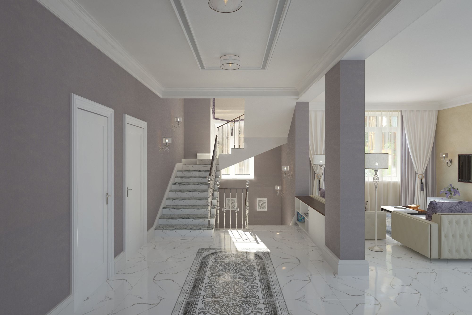 3D интерьера, Холл площадью 24 кв.м. в стиле Классическая. Проект Загородный дом - Во власти сиреневого цвета, Автор проекта: Дизайнеры Наталья Никифорова
