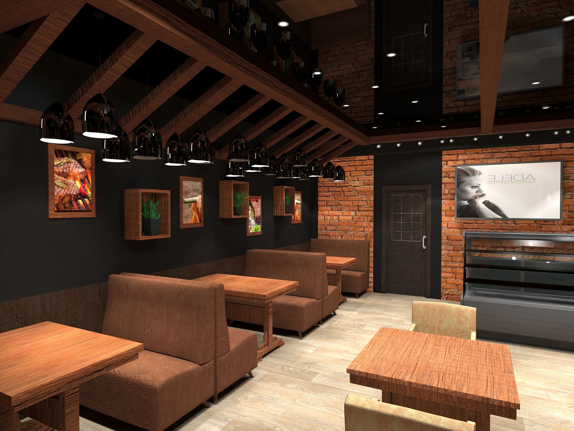 3D интерьера, Зал площадью 74 кв.м. Проект шашлычная Саксаул в г. Южно-Сахалинске - проект шашлычной Саксаул по ул. Сахалинской в г. Южно-Сахалинске, Автор проекта: Дизайнеры Виктория Кушова