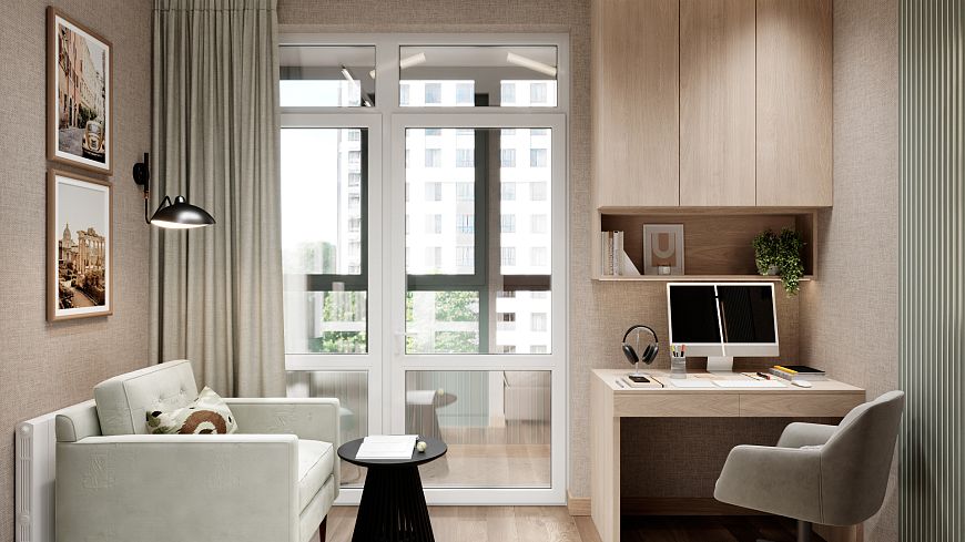 Уютное рабочее пространство в нейтральных бежевосерых тонах