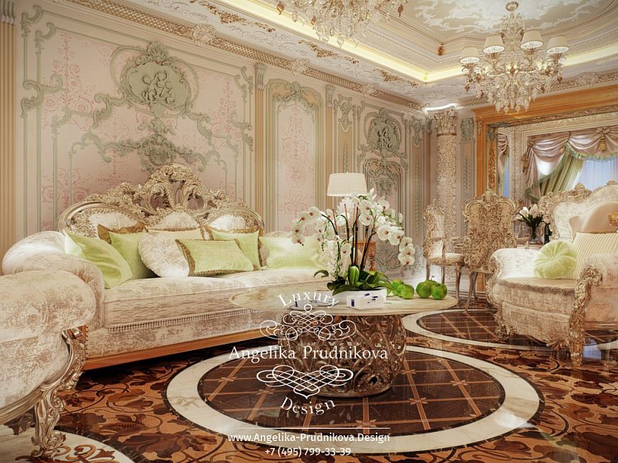 Дизайнпроект интерьера гостиной в стиле барокко на Ленинском
