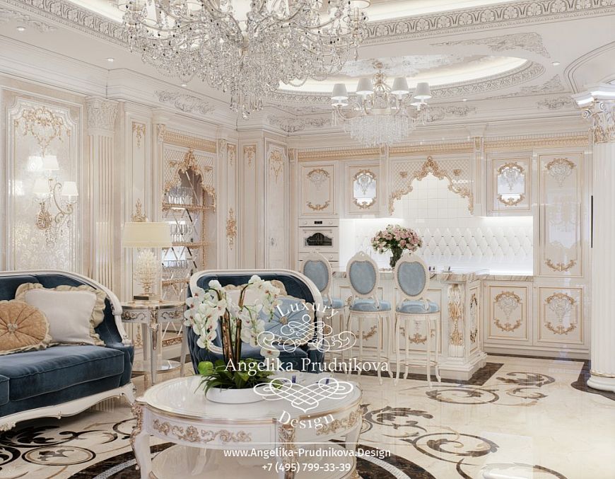 Дизайнпроект интерьера гостиной в стиле барокко в ЖК Ривьера Парус