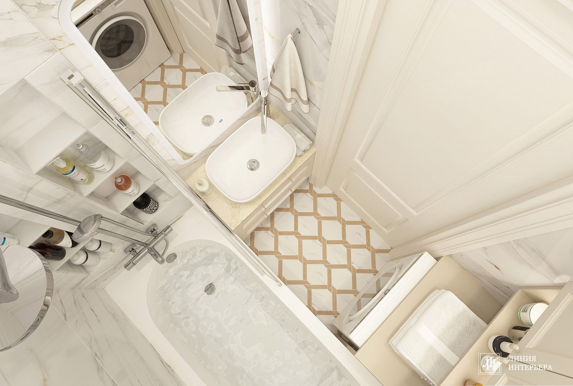 3D интерьера, Ванная комната Проект Дизайн небольшой ванной - Интерьер квартиры в современной классике, Автор проекта: Дизайнеры Олеся Бирюкова
