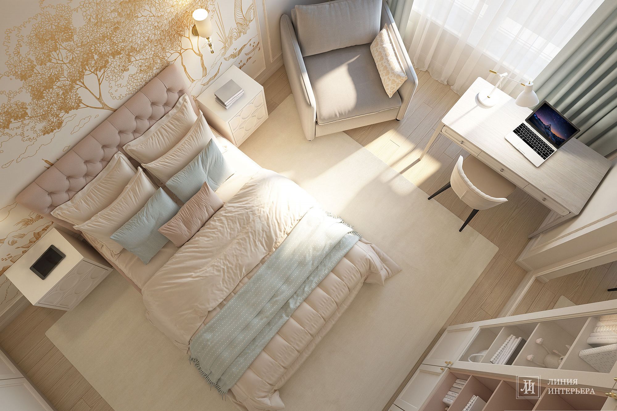 3D интерьера, Детская комната Проект Дизайн спальни для девушки - Интерьер квартиры в современной классике, Автор проекта: Дизайнеры Олеся Бирюкова