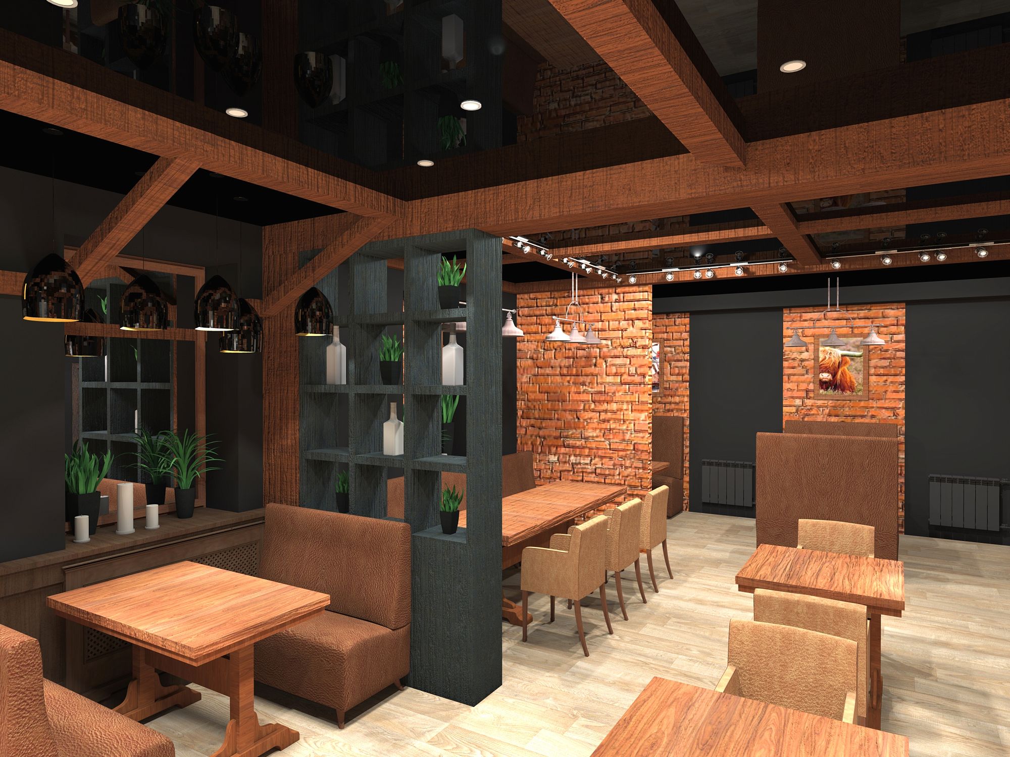 3D интерьера, Зал площадью 74 кв.м. Проект шашлычная Саксаул в г. Южно-Сахалинске - проект шашлычной Саксаул по ул. Сахалинской в г. Южно-Сахалинске, Автор проекта: Дизайнеры Виктория Кушова